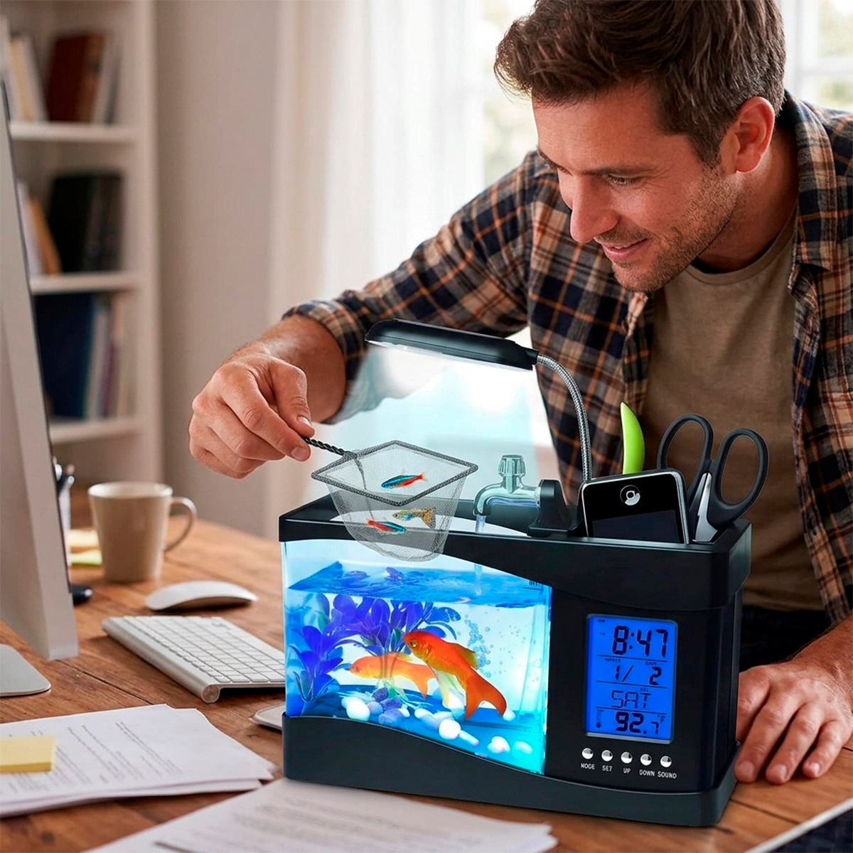 Relógio Aquário De Mesa Porta Caneta Luminária Digital — imagem 4