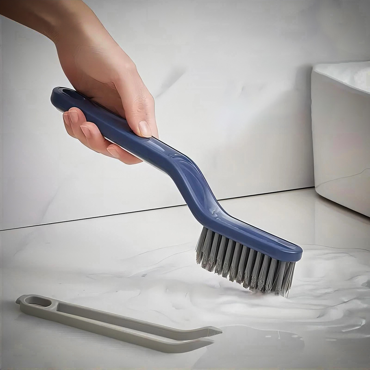 Escova Multiuso Limpeza Cantos Pinça 2 Em 1 Cor:azul — imagem 1