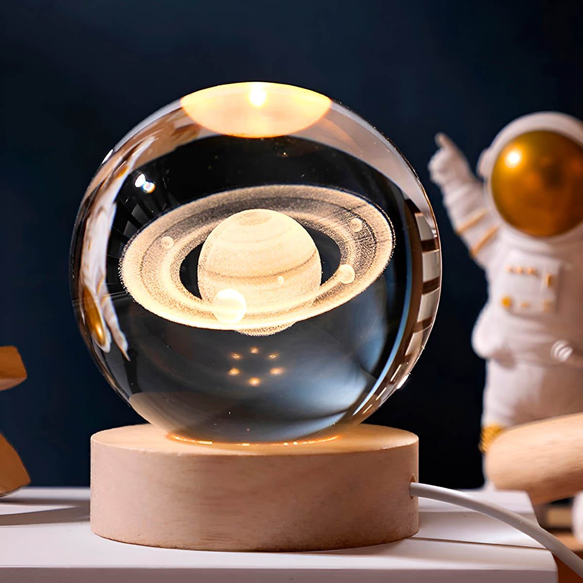 Luminária De Mesa Decorativa Esfera Base Madeira Cristal — imagem 5